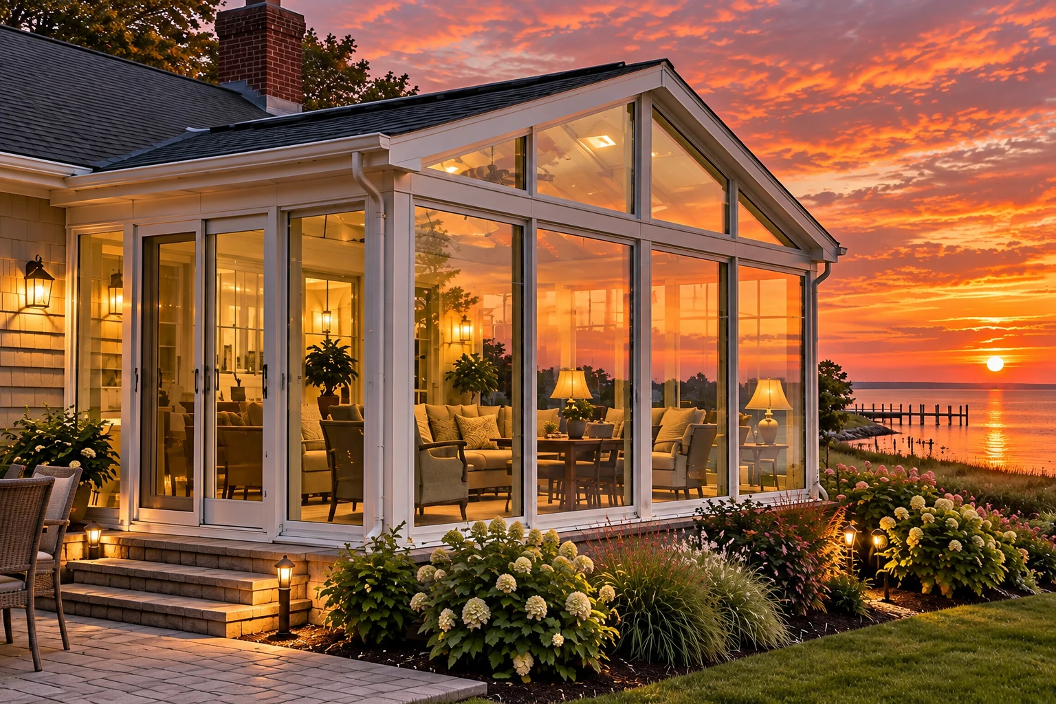 A white-framed, glass-walled sunroom glows at sunset beside a waterfront, with a peaked roof and furnished interior.