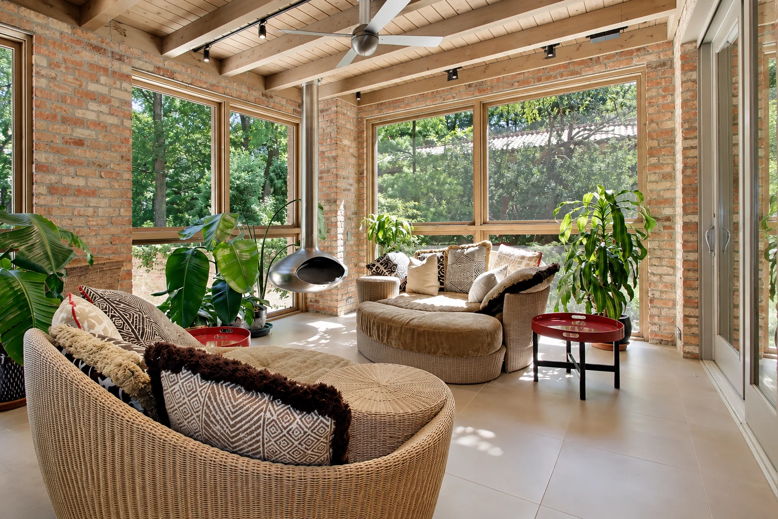 A bright all-season room with brick walls, large wood-framed windows, wicker seating, leafy plants and a suspended fireplace.