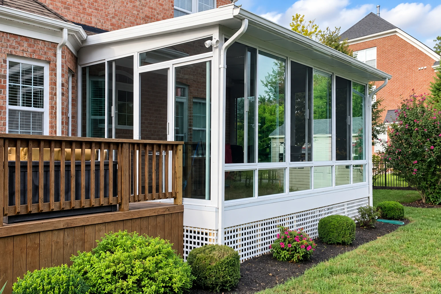 Sunroom addition attached to a brick house, with white framing, large windows and a garden beside the deck.