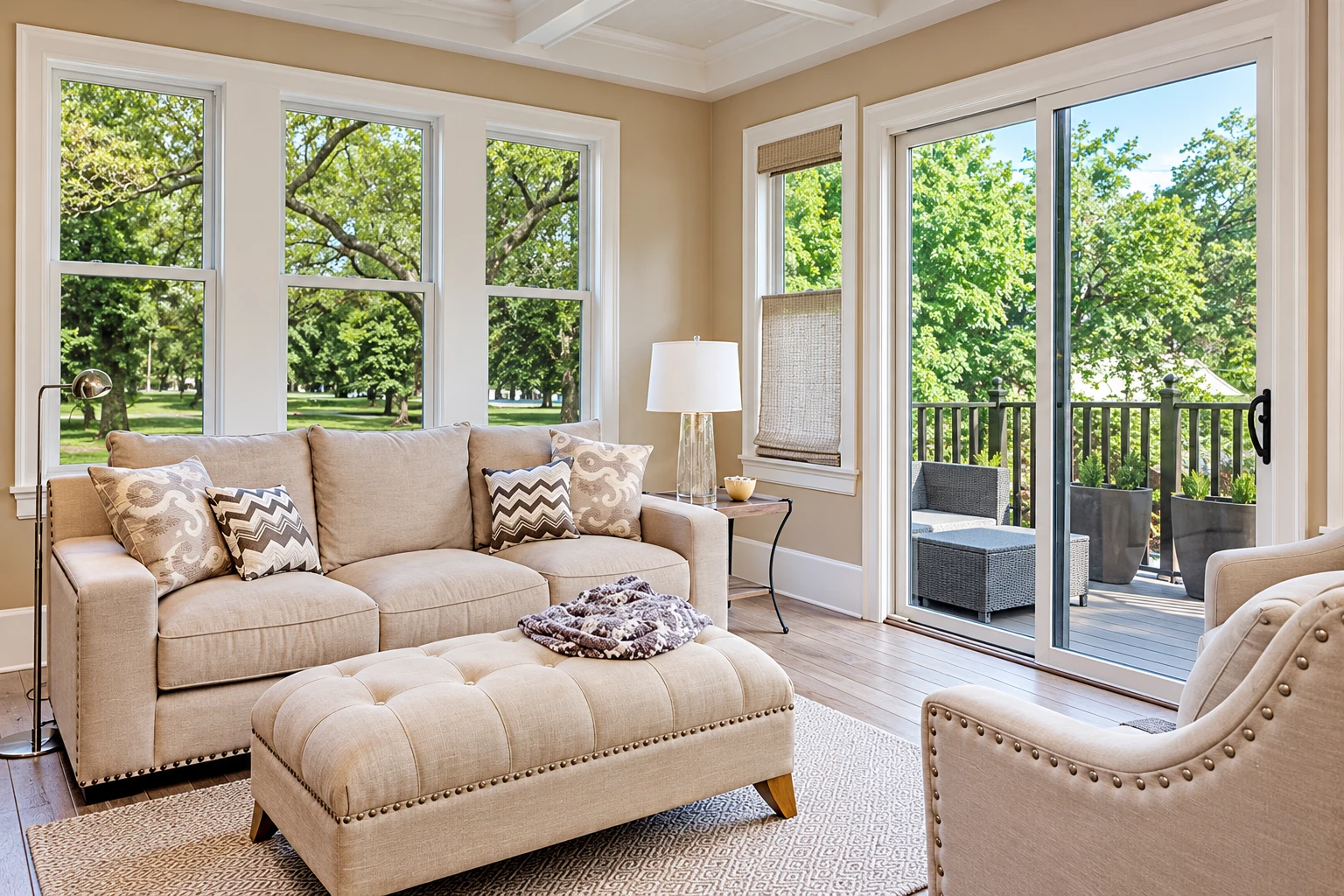 Bright sunroom with beige seating, large windows overlooking trees, and a sliding glass door to a deck.
