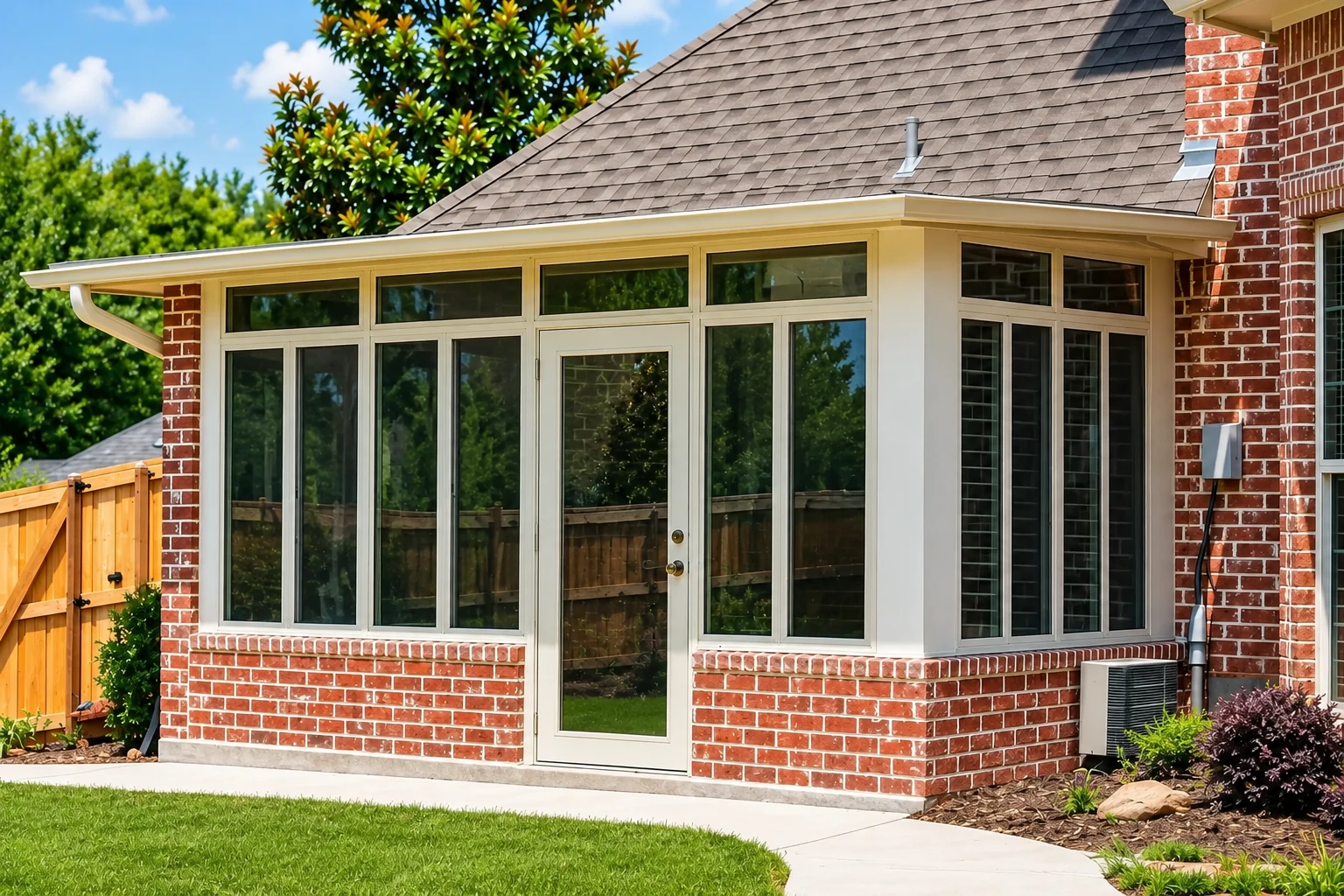 Enclosed patio room with white-framed windows and a glass door, attached to a brick house.