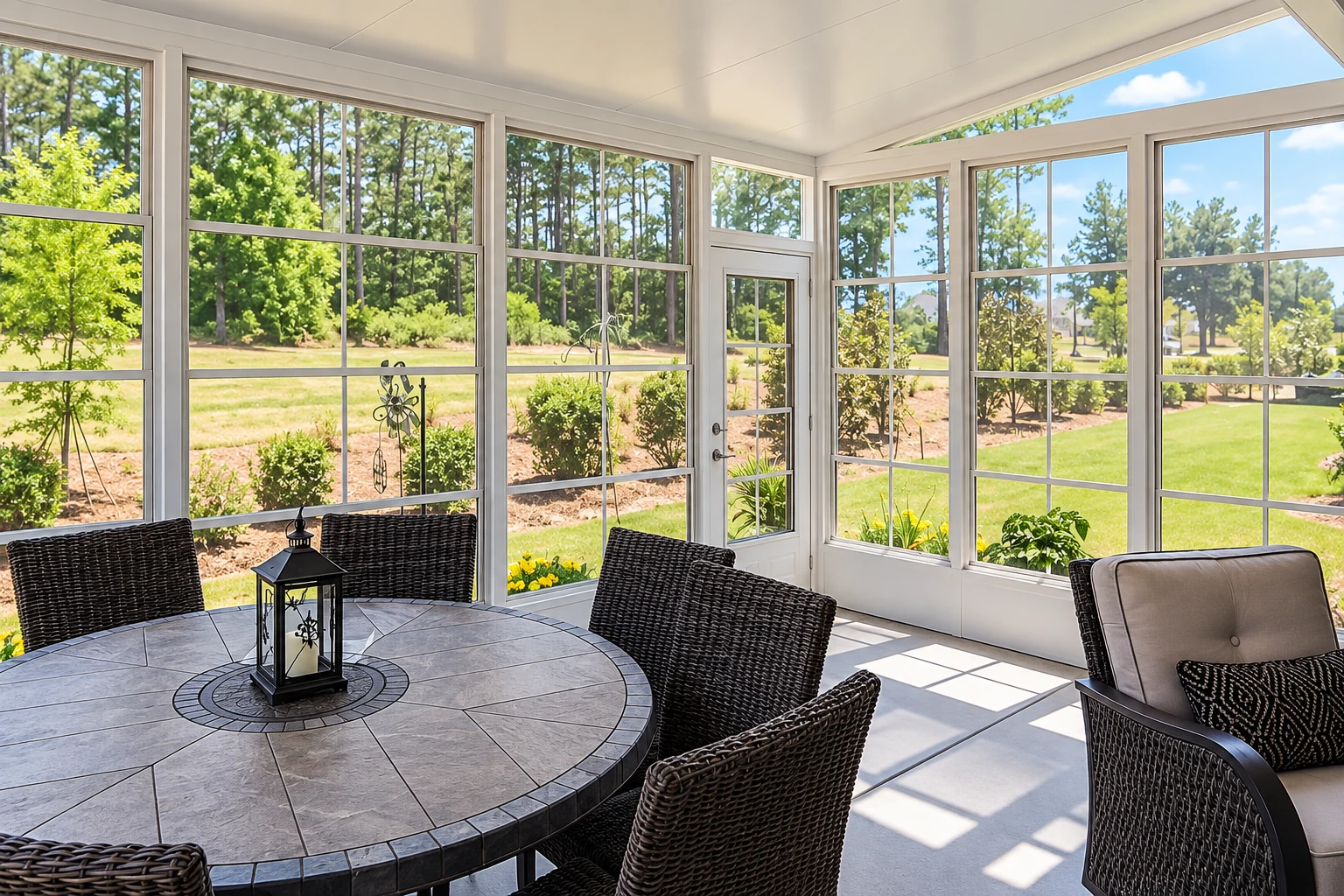 A bright four-season sunroom has white-framed windows, a round table and wicker chairs overlooking a sunny garden.