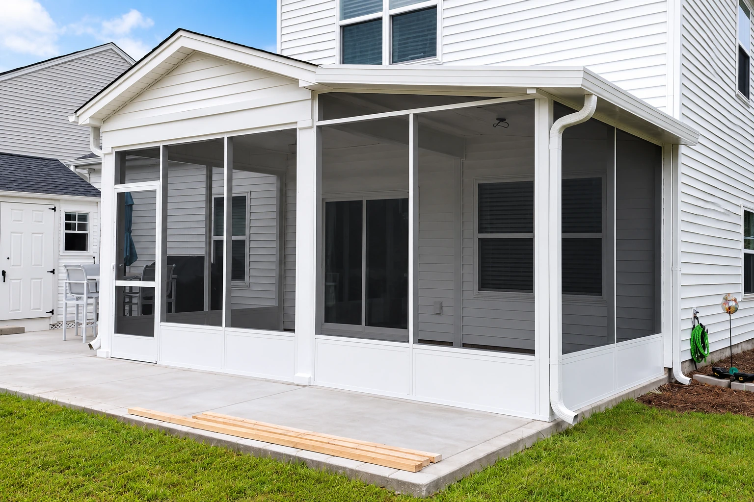A white screened patio enclosure with a shallow roof is attached to a white-sided house, with unfinished boards on the concrete slab.