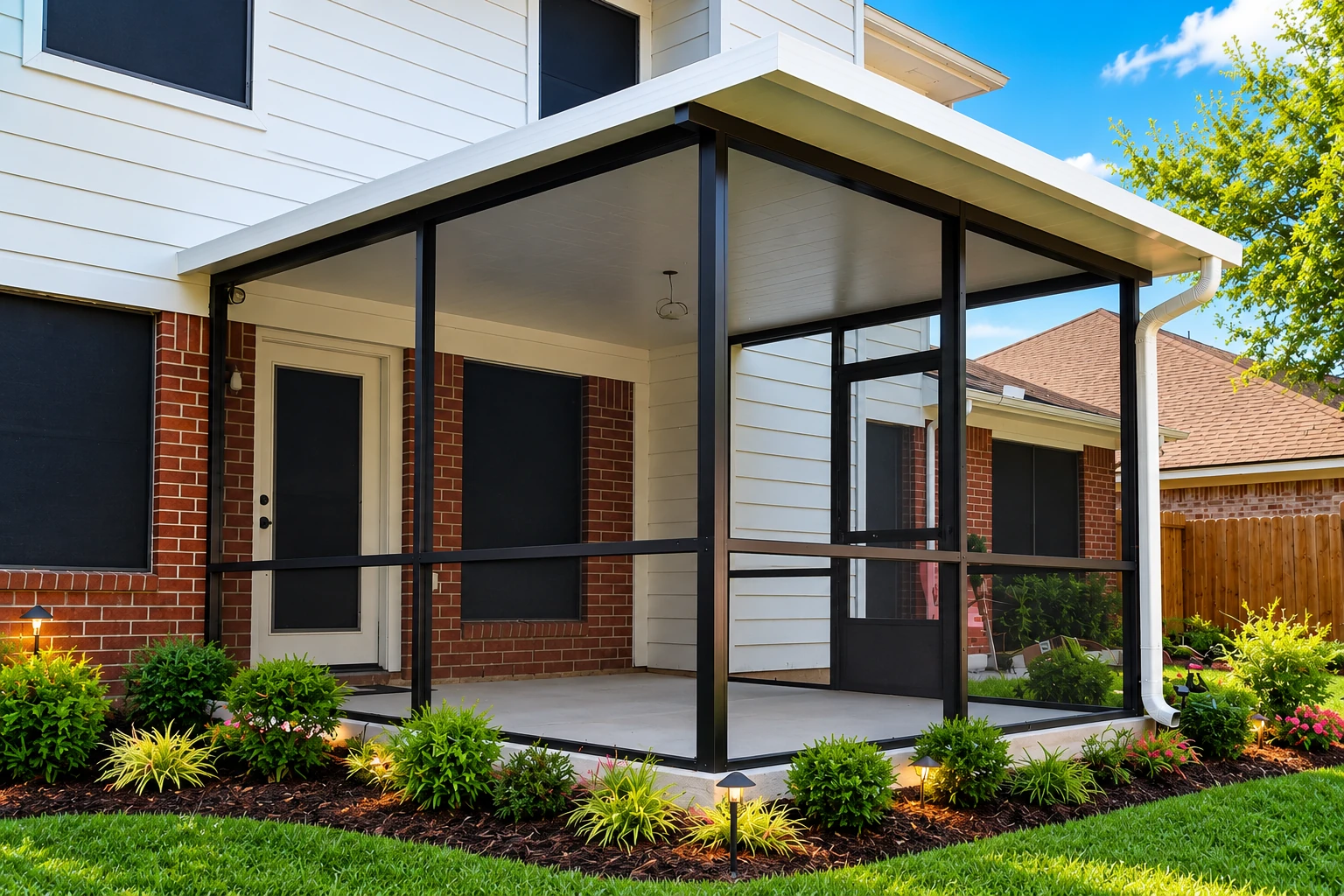 A covered patio enclosure with black framing and screened walls sits beside a brick house, surrounded by garden beds.