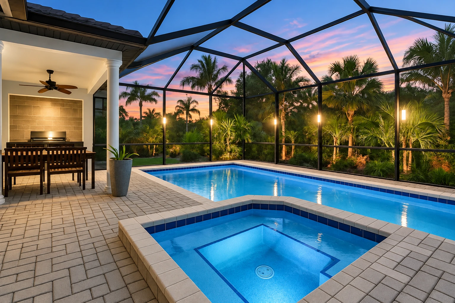 Screened patio enclosure around a swimming pool, with black framing, a dining area, and palms at sunset.