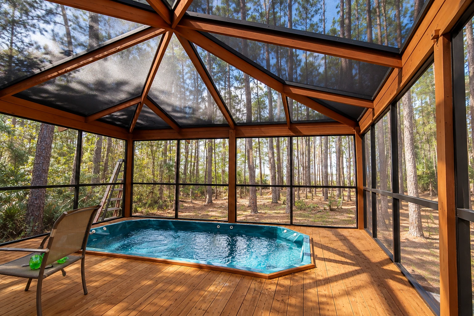 Screened patio enclosure with timber framing, a clear roof, a small pool, and woodland beyond.