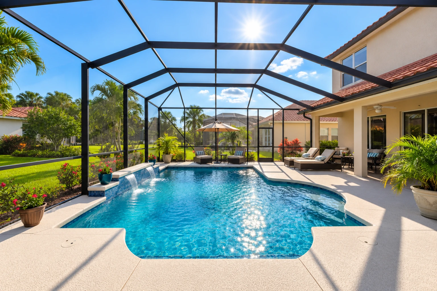 Screen room enclosing a backyard pool, with a black screened roof, lounge chairs and tropical landscaping.