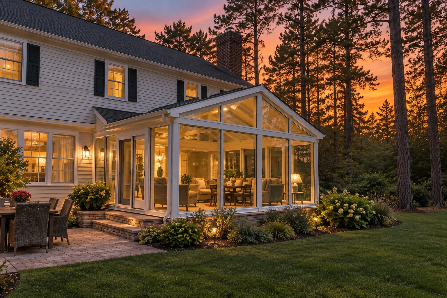 A glass solarium addition glows beside a white house at sunset, framed by tall pine trees and landscaped garden beds.