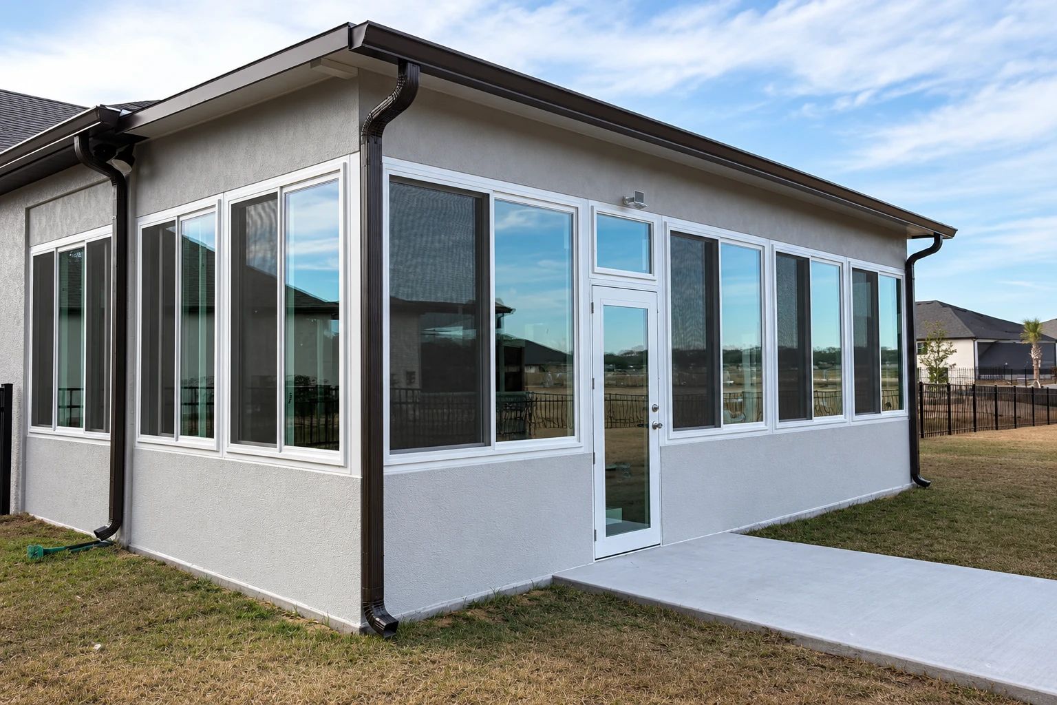 A gray sunroom addition with white-framed windows and a glass door wraps around a house, opening onto a concrete patio.