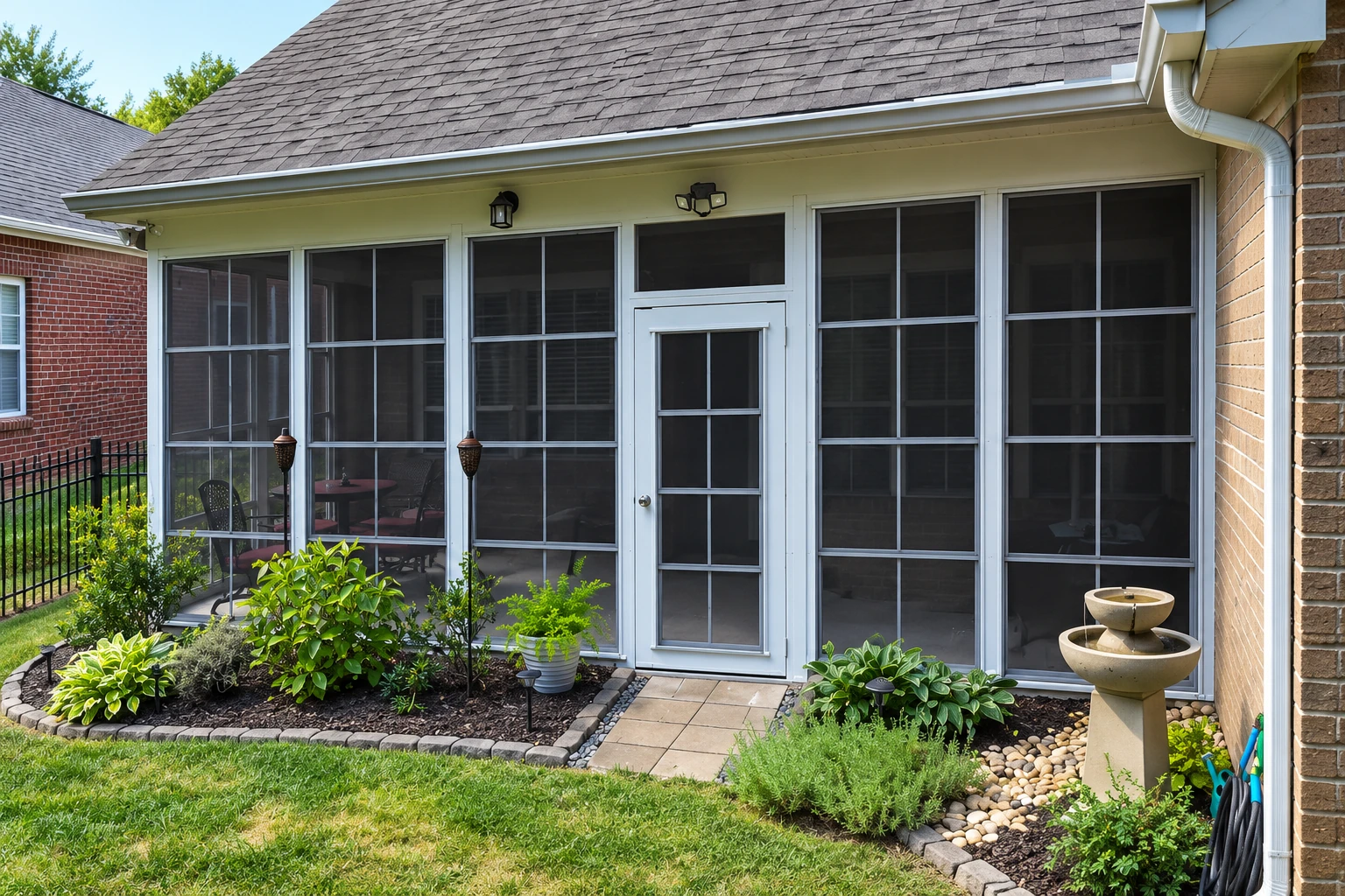 A screened patio enclosure with a central door spans the back of a brick house, bordered by landscaped beds and a small fountain.