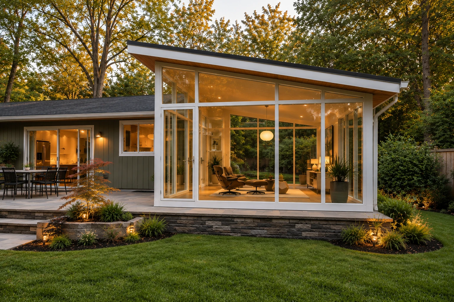 Modern glass sunroom addition glowing at dusk, with a sloped roof, stone base, and wooded garden setting.