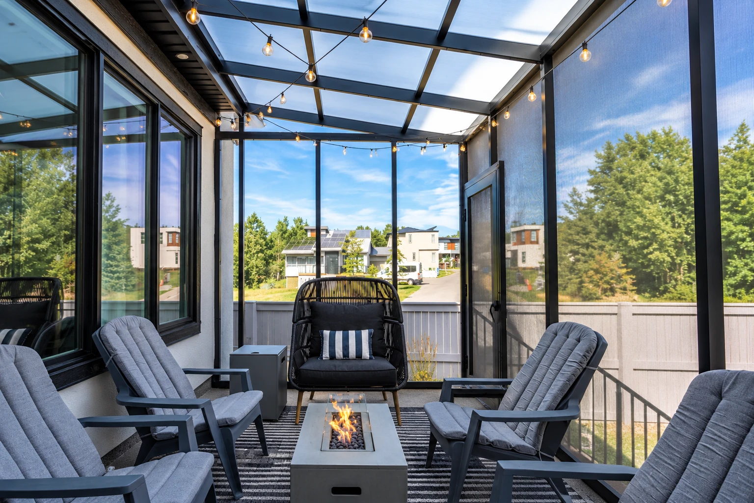 A glass-roofed sunroom with dark framing has string lights, cushioned chairs, and a fire table overlooking neighboring homes.