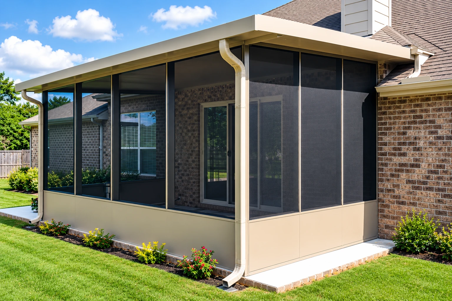 A screened patio enclosure with dark mesh panels and a pale roof extends from a brick house beside a green lawn.