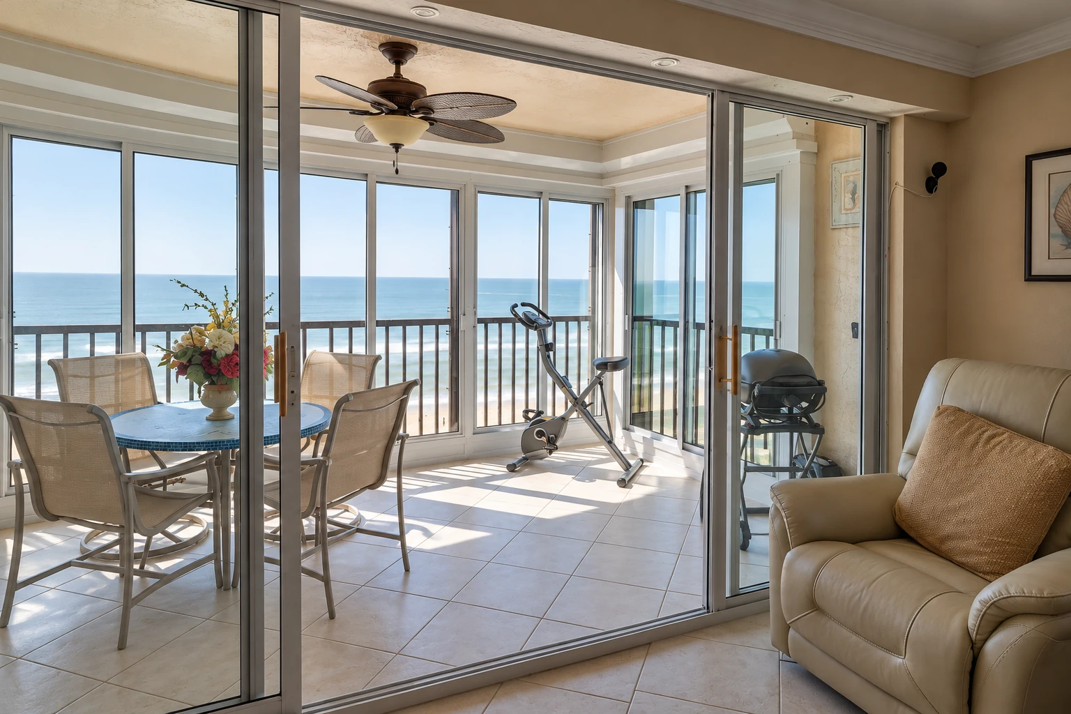 Coastal sunroom with sliding glass walls, a tiled floor, dining set, exercise bike and ocean view.