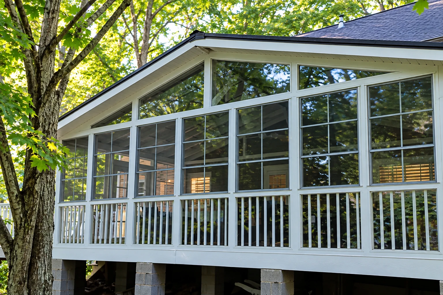 A white-framed three-season sunroom with a gabled roof and screened lower panels stands among leafy trees.