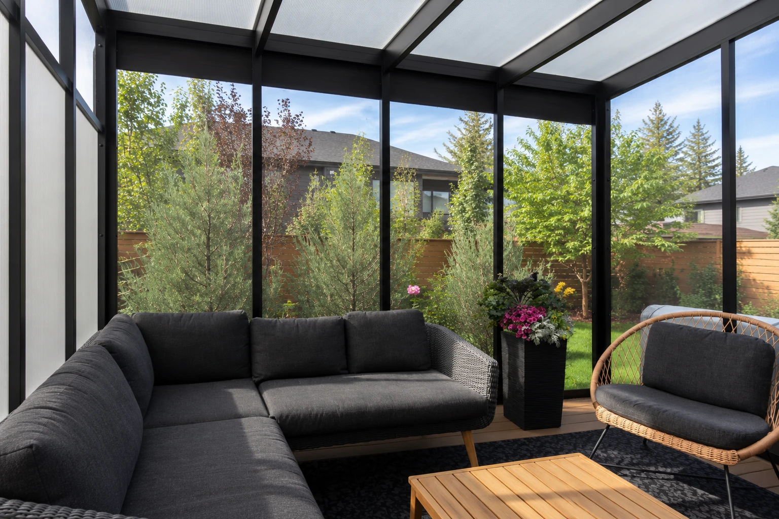 A three-season sunroom with black-framed windows has a charcoal sectional, wicker chair and views of a leafy backyard.