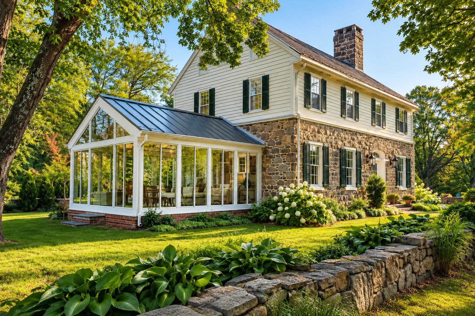 A white-framed glass sunroom with a dark metal roof adjoins a stone-and-siding house amid mature trees and garden beds.